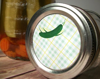 Plaid Pickle canning jar labels, round cucumber mason jar stickers for vegetable food preservation, regular or wide mouth available