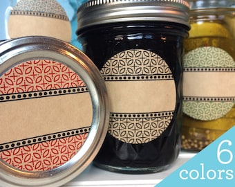 Market Blend kraft paper canning labels, Trendy Modern printed round mason jar stickers for kitchen pantry spice jars or baked goods