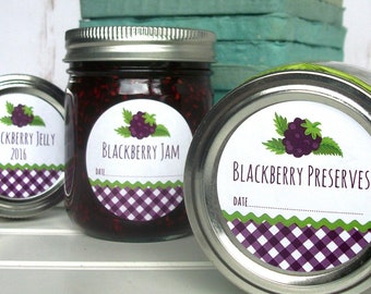 Gingham Blackberry canning jar labels, printed round blackberry jam & jelly mason jar stickers for fruit preserves