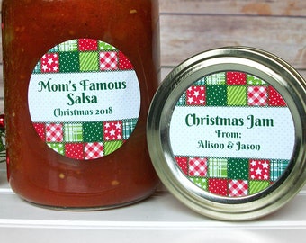 Custom Christmas Quilt canning jar labels, round holiday mason jar stickers personalized for food baked goods, country jam jar gift tags