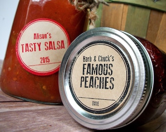 Custom Rubber Stamp kraft paper canning labels, round stickers for mason canning jars or baked goods personalized with your name color text