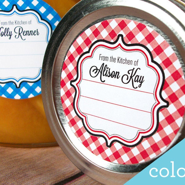 Gingham CUSTOM Kitchen labels, round stickers for canning jars or baked goods, From the Kitchen of sticker personalized with your name color