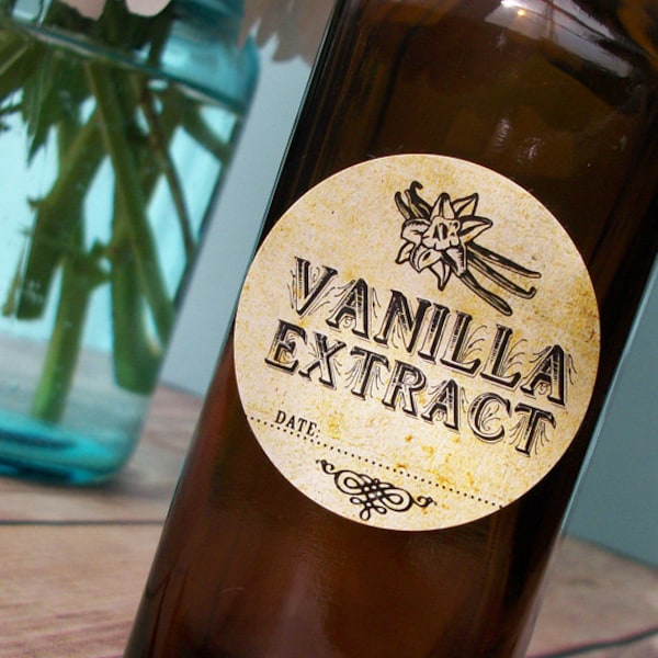 Vintage Vanilla Extract bottle labels, printed rustic round stickers for amber bottles or mason jars for holiday DIY gift