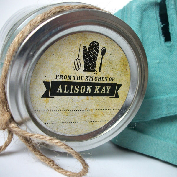 Vintage Custom From the Kitchen of labels, custom personalized round kitchen stickers for canning jars or baked goods, gifts for cooks