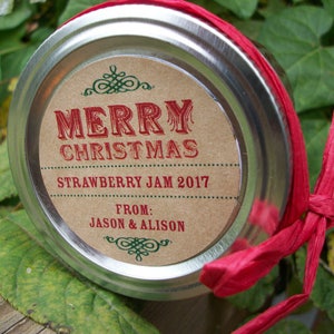 Custom KRAFT Merry Christmas canning jar labels, round holiday gift stickers, personalized mason jar labels, jam and jelly jar labels image 1