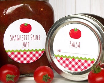 Gingham Tomato canning jar labels, round red mason jar stickers for vegetable preservation, jam salsa spaghetti & pizza sauce, tomato juice