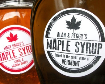 Custom Rubber Stamp Maple Syrup labels, red or black custom maple syrup bottle labels printed with YOUR name, custom canning jar labels