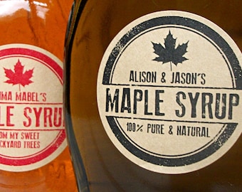 Custom Kraft Rubber Stamp Maple Syrup labels, custom maple syrup bottle labels printed with YOUR name, personalized round canning jar labels