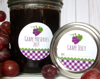 Gingham Grape canning jar labels, round printed purple mason jar stickers for jelly, jam, grape juice & preserves fruit preservation