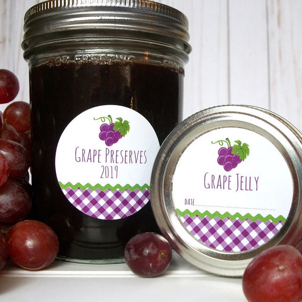 Gingham Grape canning jar labels, round printed purple mason jar stickers for jelly, jam, grape juice & preserves fruit preservation