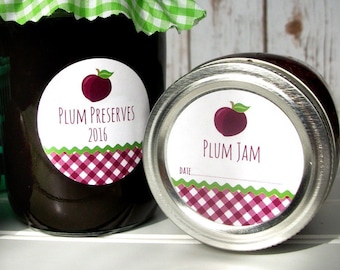 Gingham Plum Jam canning labels, printed round mason jar stickers for plum jelly, preserves, pantry fruit preservation stickers