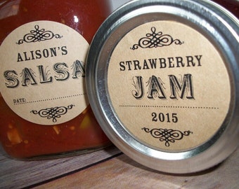 Custom KRAFT paper canning jar labels, personalized round mason jar labels, fruit and vegetable preservation, jam and jelly jar stickers