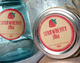 Rubber Stamp Strawberry Jam Kraft paper canning jar labels, round red mason jar stickers for fruit preservation, rustic jam jar label