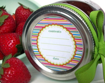Candy Stripes canning labels, round jam & jelly jar labels for fruit and vegetable preservation, colorful striped mason jar stickers
