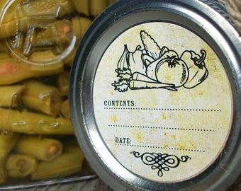 Vintage Vegetable canning jar labels, round retro mason jar labels for food preservation, veggie mason jar stickers in regular & wide mouth