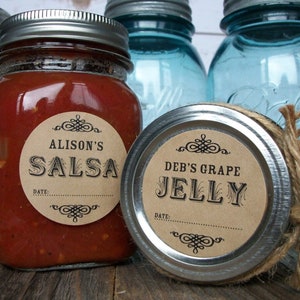 Custom KRAFT paper canning jar labels, personalized printed round mason jar stickers, jam jelly fruit & vegetable preservation, moonshine
