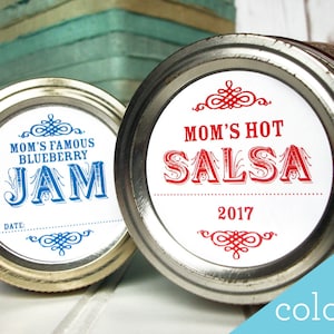 Colorful CUSTOM canning jar labels, round kitchen mason jar stickers for fruit & vegetable preservation, red blue jam and jelly jar labels