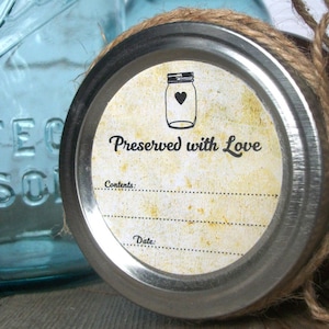 Vintage Preserved with Love canning jar labels, round mason jar stickers for fruit and vegetable preservation, retro jam & jelly jar labels image 1
