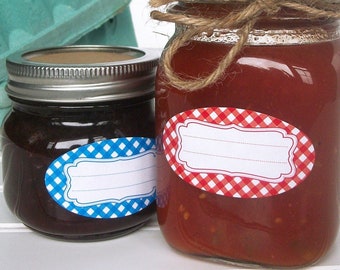 Classic Gingham oval canning jar labels, quilted jam jar labels, red blue orange checkered oval mason jar stickers, jam jelly jar labels