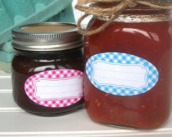 Bright Gingham oval canning jar labels, pink blue & green cottage chic mason jar stickers for jam jelly jars, quilted jar labels