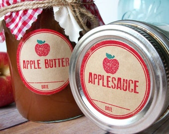 Rubber Stamp Applesauce or Apple Butter Kraft paper canning jar labels, round rustic red mason jar stickers, gift for canners & gardeners