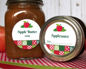 Country Quilt Apple canning labels, round printed mason jar stickers for applesauce, butter, jelly, jam, pie filling, & preserves