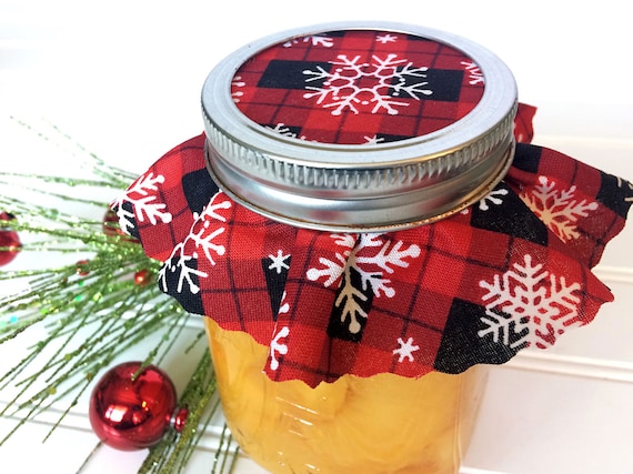 12 Buffalo Plaid Snowflake Christmas Jam Jar Covers, red fabric cloth mason jar toppers, winter holiday mason jar gift decorations