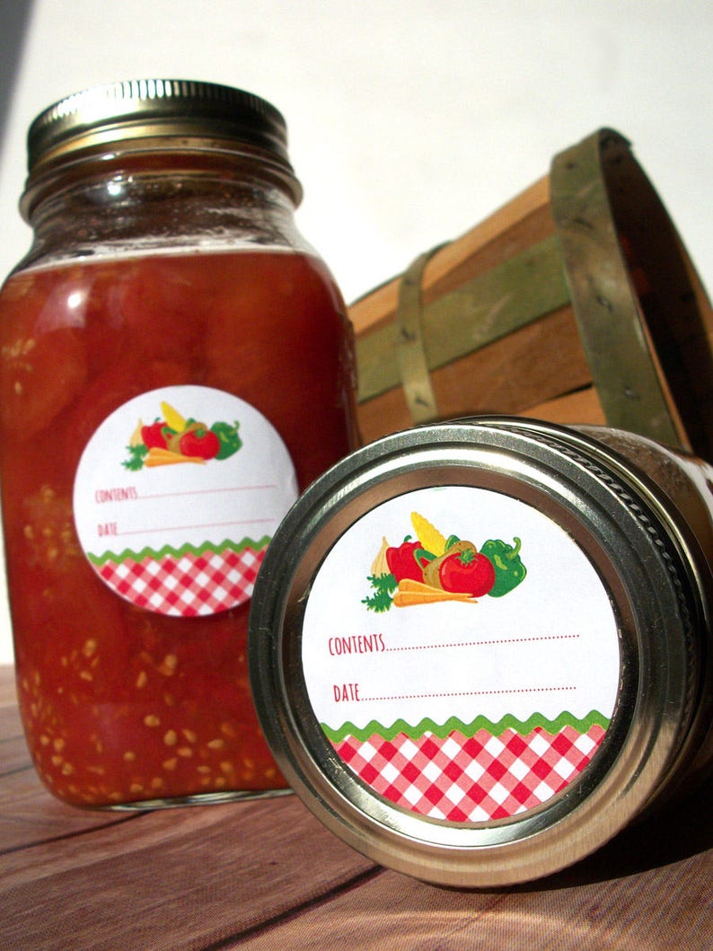 Gingham Vegetable Canning Jar Labels Round Printed Veggie - Etsy