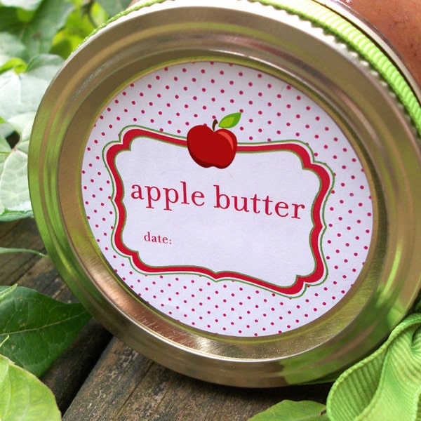 Apple Butter canning jar labels, round stickers for mason jars for fruit preservation, regular or wide mouth mason jar labels