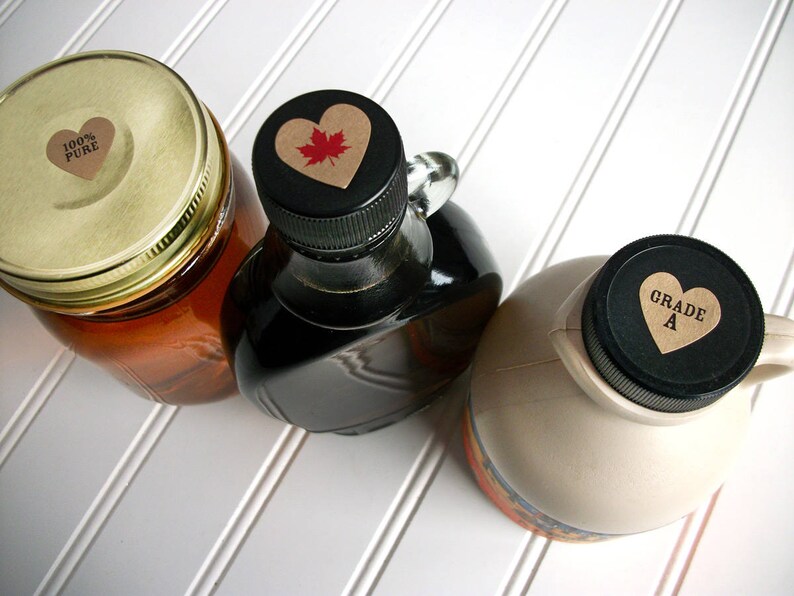 golden medium dark very dark Grade A KRAFT Maple Syrup Color Grade heart labels for bottle caps /& lids red or black maple leaf labels