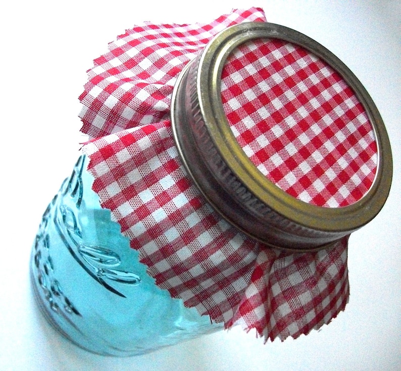 Download 12 Red Gingham Jam Jar Covers cloth fabric toppers for ... Yellowimages Mockups