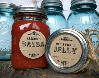 Custom kraft paper canning jar labels, personalized printed round mason jar stickers, jam jelly fruit grape jelly, salsa, moonshine gifts