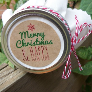KRAFT Merry Christmas Happy New Year canning jar labels, round holiday gift stickers, holiday jam & jelly mason jar labels, envelope seals
