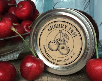 Custom Kraft Apothecary Cherry canning labels for jam, jelly, pie filling, sugar scrub, round personalized printed mason jar stickers