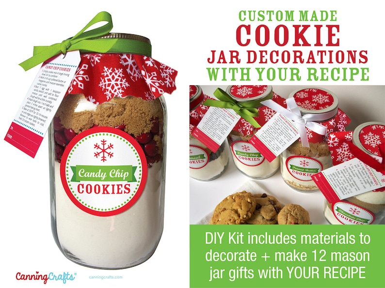 A mason jar filled with cookie ingredients, labeled "Candy Chip Cookies." The jar is adorned with a red and white snowflake fabric lid cover, a green ribbon, and a tag with instructions. The image also shows other jars.