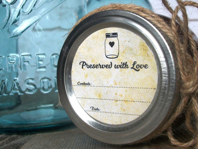 Vintage Preserved with Love canning jar labels, round mason jar stickers for fruit and vegetable preservation, retro jam & jelly jar labels image 1