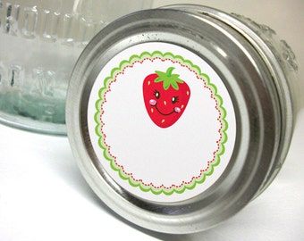 Happy Strawberry canning jar label, round mason jar stickers for fruit preservation, cute regular or wide mouth jam & jelly jar labels