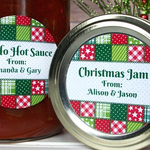 Custom Christmas Quilt canning jar labels, round holiday mason jar stickers, personalized baked goods stickers, country jam jar gift labels
