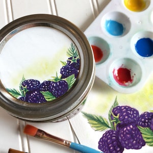 Watercolor Blackberry mason jar labels, round printed berry canning stickers for jam jelly fruit pie filling, kitchen pantry gift for mom