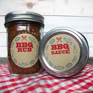 BBQ Sauce & Rub canning jar labels, round kraft paper mason jar and bottle stickers for barbecue sauce or spice rub, father's day gift idea
