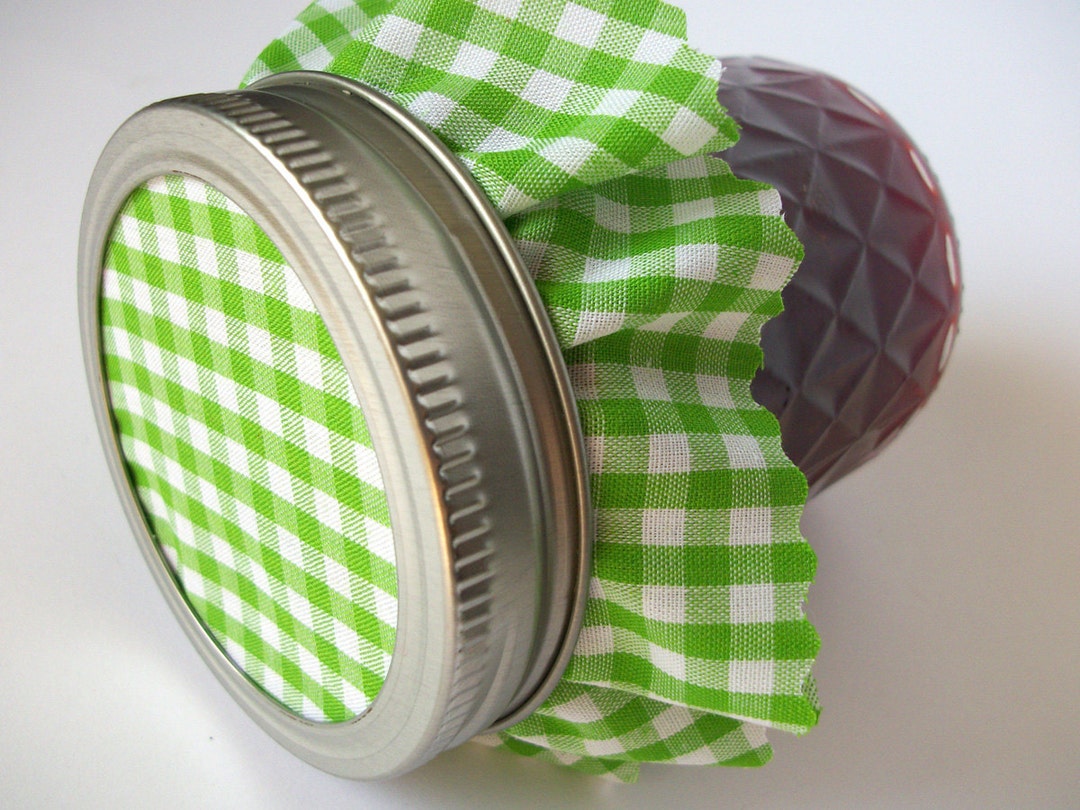 12 Green Gingham Jam Jar Covers, Cloth Toppers Fabric for Mason Jars