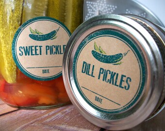 Rubber Stamp Pickle Kraft Paper canning jar labels, Dill, Sweet, Bread & Butter Pickles, Relish canning labels, round mason jar stickers