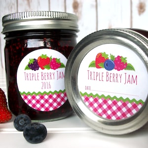Gingham Triple Berry Jam canning labels, Strawberry Blueberry Blackberry Raspberry mason jar stickers, jam jar labels for fruit preservation