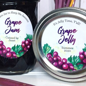 Custom Watercolor Grape canning labels, personalized round printed mason jar stickers for home canned jam jelly fruit juice & preserves image 1