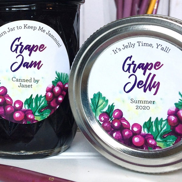 Custom Watercolor Grape canning labels, personalized round printed mason jar stickers for home canned jam jelly fruit juice & preserves