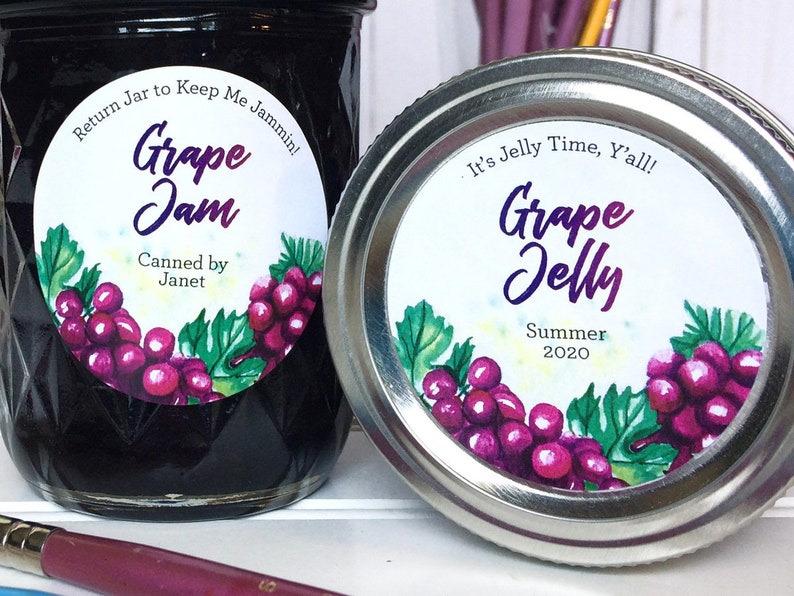 Custom Watercolor Grape canning labels, personalized round printed mason jar stickers for home canned jam jelly fruit juice & preserves image 1