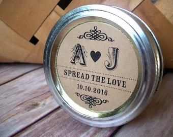 Wedding Initials KRAFT paper canning jar labels custom round stickers for mason jars, wedding bridal shower favors, Spread the Love is Sweet