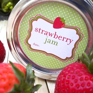 Cute Strawberry Jam canning jar labels, round printed polka dot mason jar stickers, fruit preservation, gifts for canners mom & grandma image 1