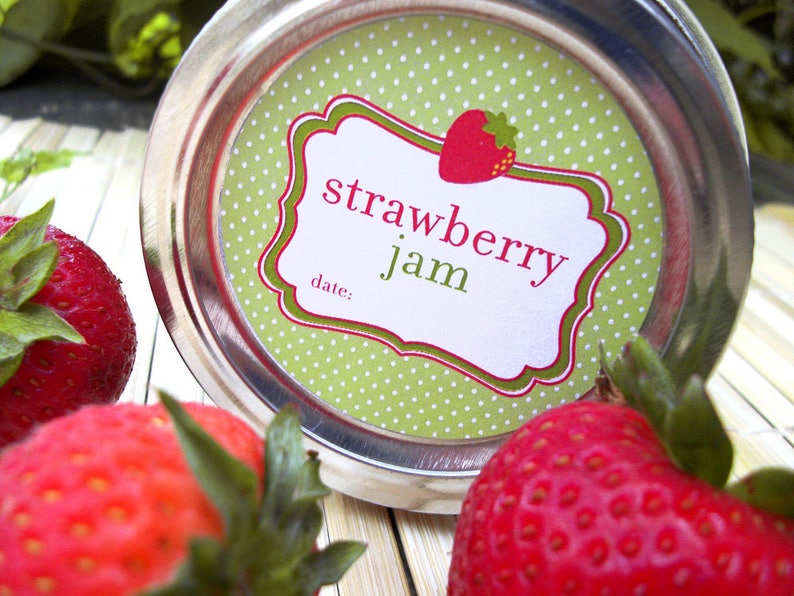 Cute Strawberry Jam canning jar labels, round printed polka dot mason jar stickers, fruit preservation, gifts for canners mom & grandma image 1