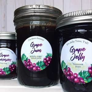 Custom Watercolor Grape canning labels, personalized round printed mason jar stickers for home canned jam jelly fruit juice & preserves image 2